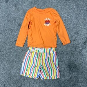 GAP Orange Rash Guard & Multicolor Stripe Swim Trunks Set